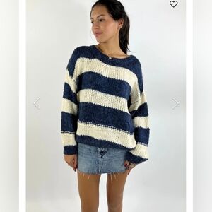 Miracle Navy and Cream Oversized Cable Knit Striped Sweater